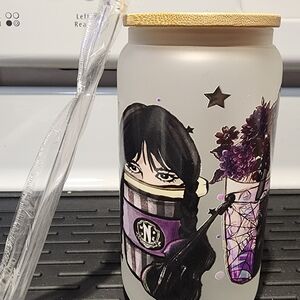 Frosted Glass Tumbler with Bamboo Lid With Wednesday Adams Design